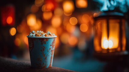 Mexican esquites cup with chili-lime crema and cotija sprinkle on a softly blurred DÃ­a de los Muertos festival background under lantern glow