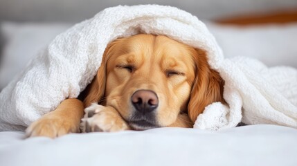 A golden retriever peacefully sleeps, enveloped in a soft blanket, radiating warmth and tranquility, embodying the essence of comfort in a serene home environment.