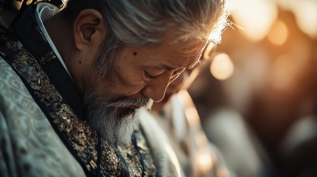 An elderly man with silver hair bows his head in thought, surrounded by soft sunlight and an atmosphere of serenity, reflecting a moment of introspection and peace. - Powered by Adobe