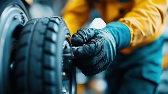 A focused mechanic tightening a tire with precision in a workshop, showcasing dedication to craftsmanship and attention to detail in automotive care and service.