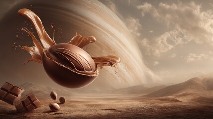 Mid-air chocolate bar fragment with molten caramel ribbons drifting past a ringed planet horizon