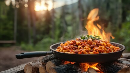 An enticing image of a steaming plate of pasta cooked over a campfire, illustrating the joys of outdoor cooking and rustic dining in beautiful surroundings.