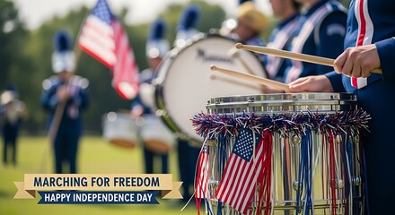 Patriotic marching band drummer playing a snare drum decorated with an American flag during an Independence Day parade celebration with greeting text.