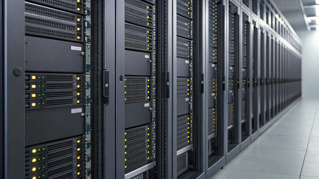 Modern data center with rows of server racks, illuminated indicator lights, and clean, organized environment