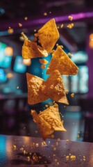 Mid-air loaded nachos with cheese sauce bursts on a softly blurred sports bar interior