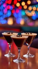 Mini espresso martini trio with coffee bean garnish on a softly blurred neon-lit cocktail lounge background under perfect bar lighting