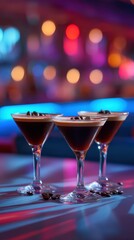 Mini espresso martini trio with coffee bean garnish on a softly blurred neon-lit cocktail lounge background under perfect bar lighting