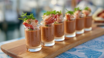 Mini lobster bisque shooters with chive spritz on a softly blurred nautical feast backdrop under perfect lighting