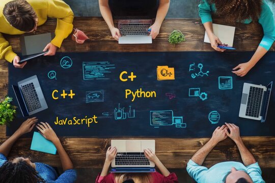 Diverse team collaborating on programming projects