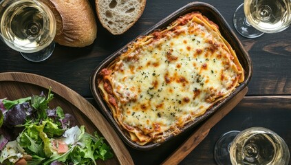 Hearty lasagna, fresh salad, and crusty bread, ready to enjoy