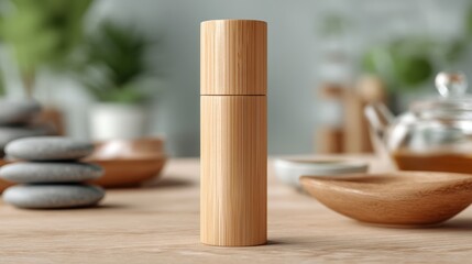 Minimal bamboo tube in natural tan with sliding lid on a softly blurred zen tea room backdrop