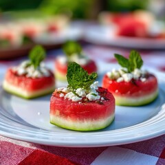 Miniature watermelon pizza with feta crumbles and mint sprigs on a white plate against a softly blurred summer picnic backdrop under sunlight