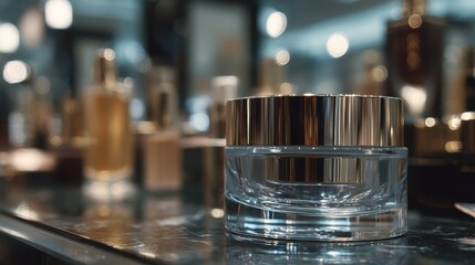 Minimal glass jar in crystal clear with silver metal lid on a softly blurred cosmetic counter background