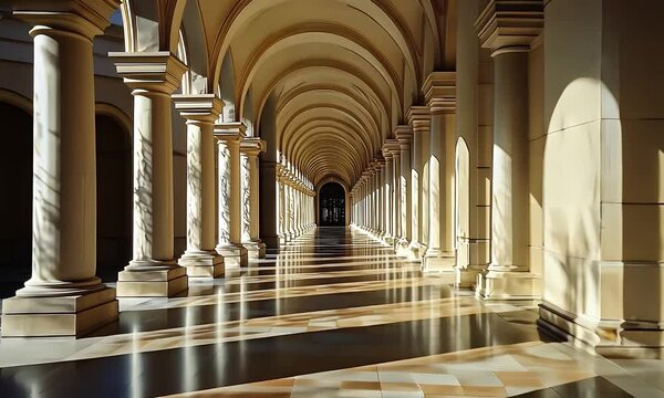 Elegant Beige Hallway with Repeating Archways and Diminishing Size supported by Tall Pillars Classic Architectural