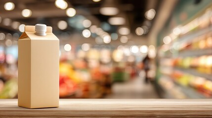 Minimal kraft carton in muted cream with die-cut window on a softly blurred grocery store background