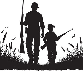 Father and Son Hunting Silhouette with Rifles in Tall Grass,  Outdoor Bonding Vector Illustration.new 2025 trendy