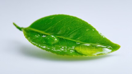 Minimal macro of a single green leaf with water droplet on a softly blurred white background