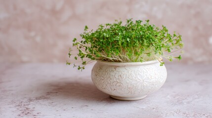 Minimal product image of cress microgreens in a white porcelain bowl on a softly blurred minimalist countertop backdrop