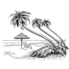 Beach landscape with palms and parasol⁠
