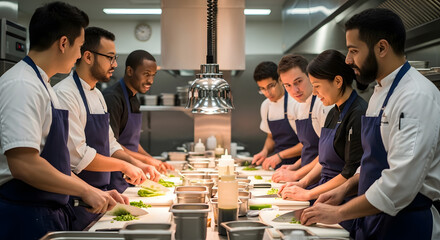 Diverse chefs preparing food, in a professional kitchen, teamwork and culinary excellence