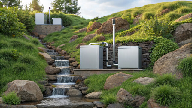 Modern water filtration system integrated into natural landscape with small waterfall, rocks, and lush greenery, blending technology with nature