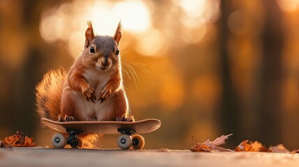 A playful squirrel skillfully riding a skateboard, surrounded by a beautiful autumn backdrop, capturing the essence of joy and the playful spirit of wildlife in action.
