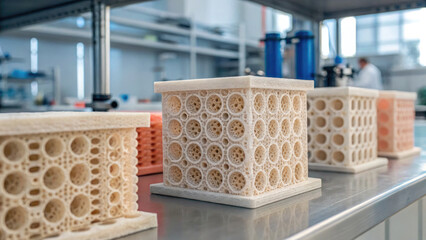 3D printed porous ceramic blocks on laboratory table, showcasing intricate designs for industrial or scientific applications