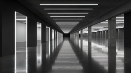 Minimalist black-box gallery space with polished floor reflection