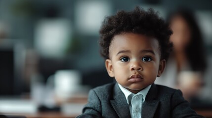 A young boy dressed in a stylish suit sits at a desk, symbolizing ambition and potential, as he pauses to reflect in a modern, bustling office environment.
