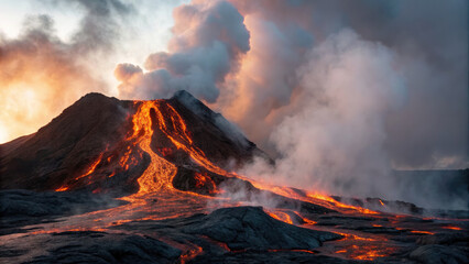 Fiery volcanic eruption with molten lava flowing down slopes, surrounded by thick smoke and ash clouds, creating dramatic natural scene