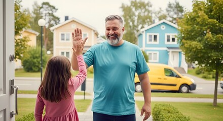 Father daughter high five at front door of house happy family welcome home suburban neighborhood scene father's day