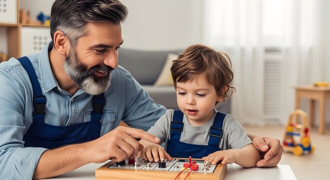 Father and son learning about electrical circuits educational toy stem activity parenthood bonding time at home father's day
