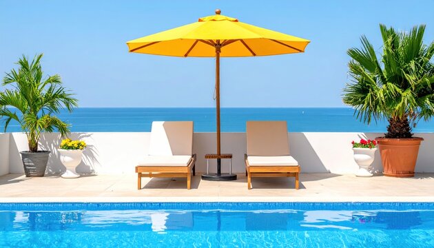 Idyllic getaway featuring a swimming pool with ocean view and lounge chairs