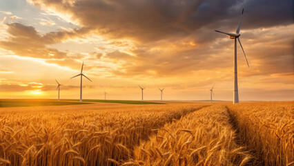 Golden wheat fields with wind turbines under dramatic sunset sky, symbolizing sustainable energy and harmony with nature
