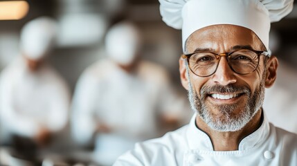 A portrait of a cheerful chef wearing a white uniform and hat, embodying the spirit of culinary arts amidst the bustling kitchen atmosphere with colleagues in action.