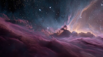 Fototapeta premium Celestial nebula backdrop with swirling purples and gold stardust accents