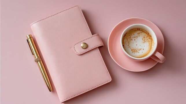 Minimalist flat lay of a leather-bound planner with gold pen and latte cup on a softly blurred pastel pink background