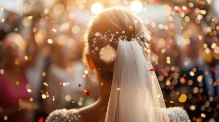 A beautiful bride is surrounded by vibrant confetti, celebrating her special day with joy and love, capturing a memorable moment filled with enchantment and happiness.