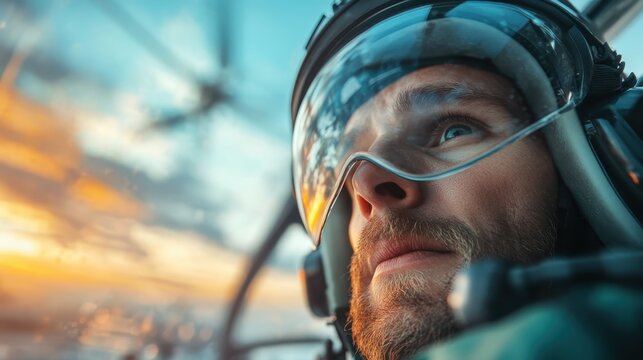 A soldier pilots a helicopter, gazing intently into the sunset, embodying determination, focus, and the spirit of adventure amidst a breathtaking sky view.