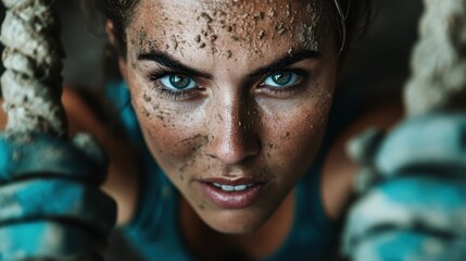 A close-up of a determined athlete covered in dirt, showcasing grit and focus, embodies resilience and strength in sports, perfect for fitness and motivation-themed imagery.