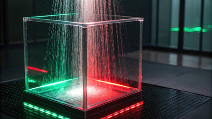 Glowing transparent cube illuminated with red and green lights is placed perforated surface, with water cascading down from above, creating