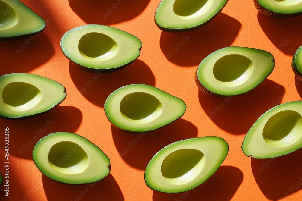 Aufkleber fresh avocado halves arranged on an orange background, creating a visually appealing pattern