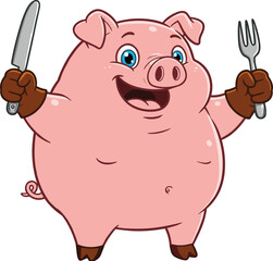 Cheerful Pig with Knife and Fork: Cartoon Illustration for Food and Dining Themes flat vector illustration