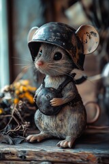 Obraz premium A cartoon figurine of a mouse wearing a helmet and soldier's outfit.