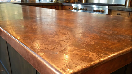 Polished copper countertop with rustic finish adds warmth and elegance to modern kitchen setting