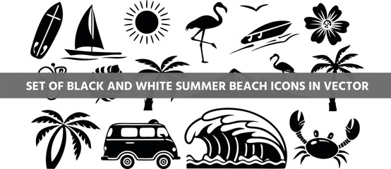 Create a set of black and white summer beach icons in vector style. Include elements such as a surfer, sun, sunset over the sea, mountain silhouettes, flamingo, crab, palm trees, surfboards, ocean wav