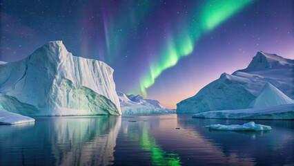 Breathtaking view of Northern Lights illuminating sky over icy landscapes, with serene water reflecting vibrant aurora and snow covered icebergs