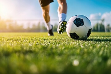 Obraz premium Close-up soccer player kicking ball on grassy field