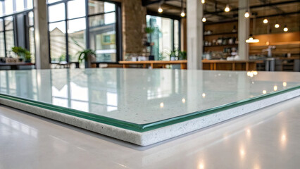 Modern kitchen countertop with sleek glass surface and concrete base, set in stylish industrial style kitchen with large windows and warm lighting