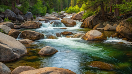 Serene forest river flows over smooth rocks, surrounded by lush green trees and vibrant vegetation, creating tranquil natural scene